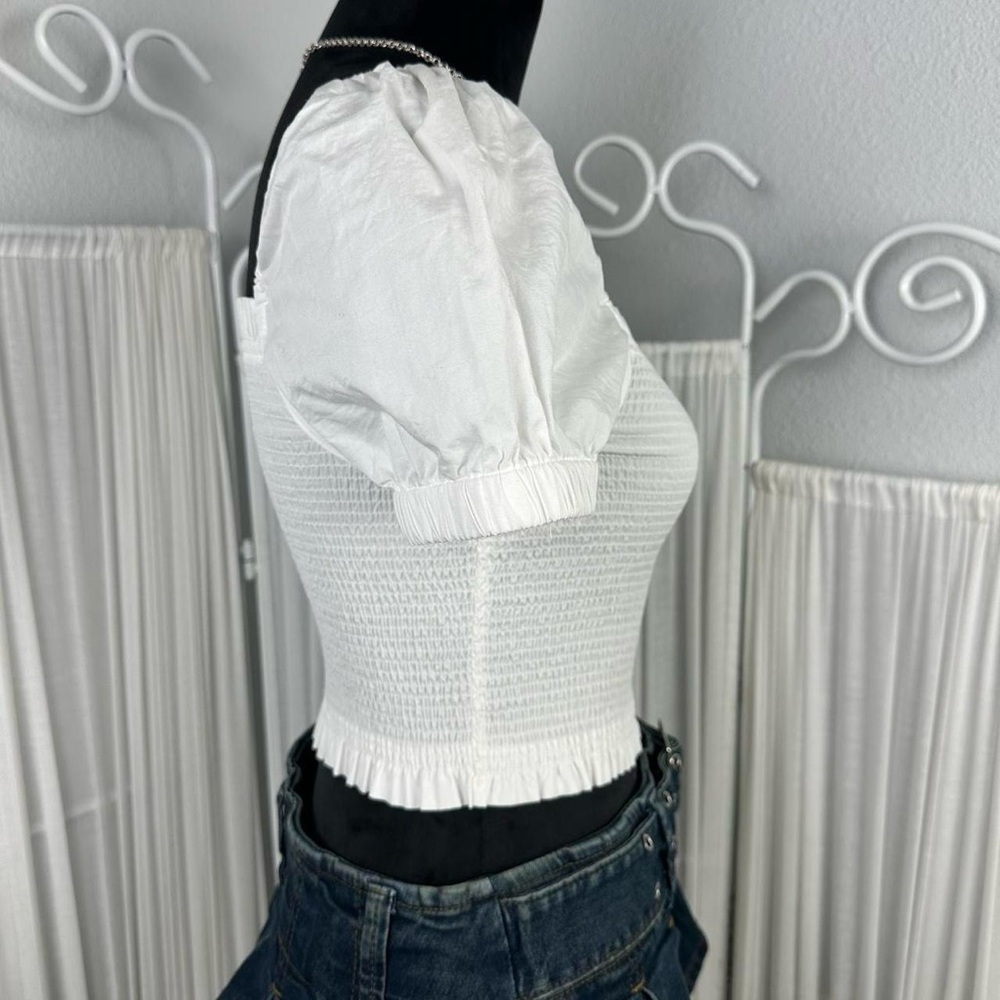 DKNY White Ruched Puff Sleeve Crop Top - Picture 3 of 5